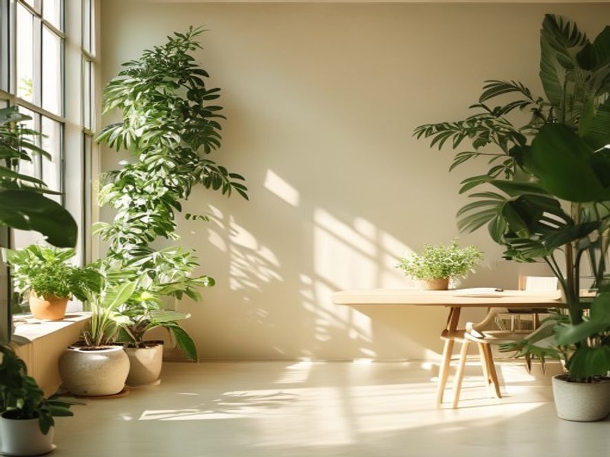Heldere werkplek met daglicht, ergonomische setup, groen plantje op desk