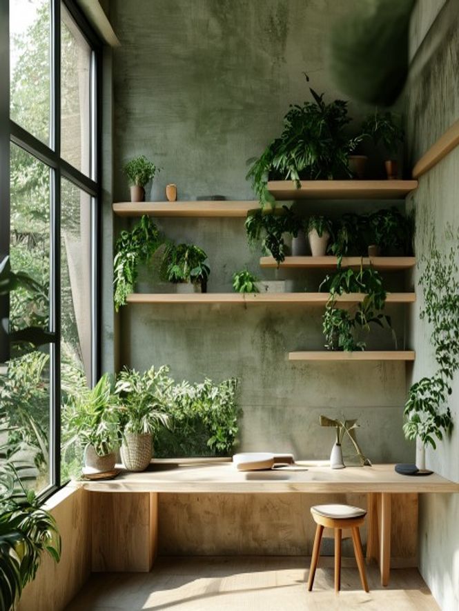 Schone, goed verlichte werkplek met plant en ergonomische stoel, geen mensen